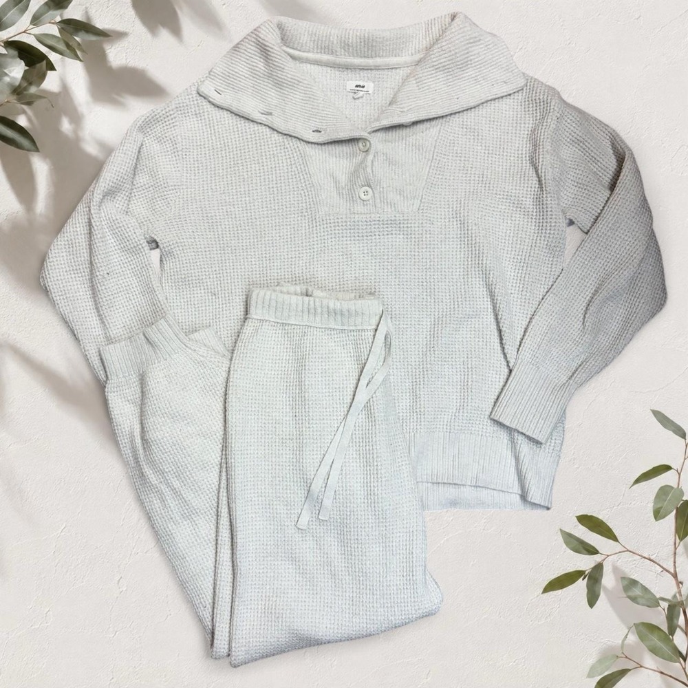 Aerie Waffle Knit Matching Set Cream Gray Henley Top Joggers Loungewear Small